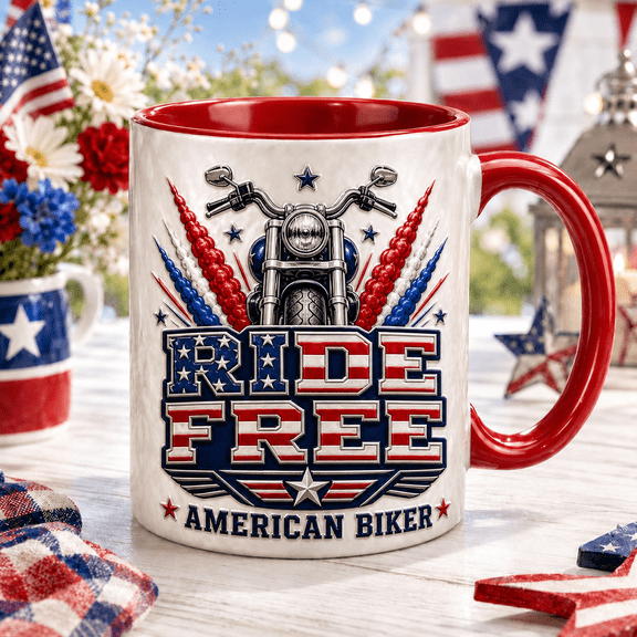 Motorcycle Mug Patriotic Ride Free American Biker Coffee Cup Gift for Riders