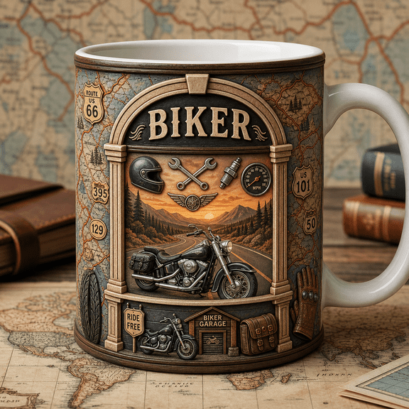 Motorcycle Mug for Biker Coffee Lovers, Route 66 Road Trip Rider Gift
