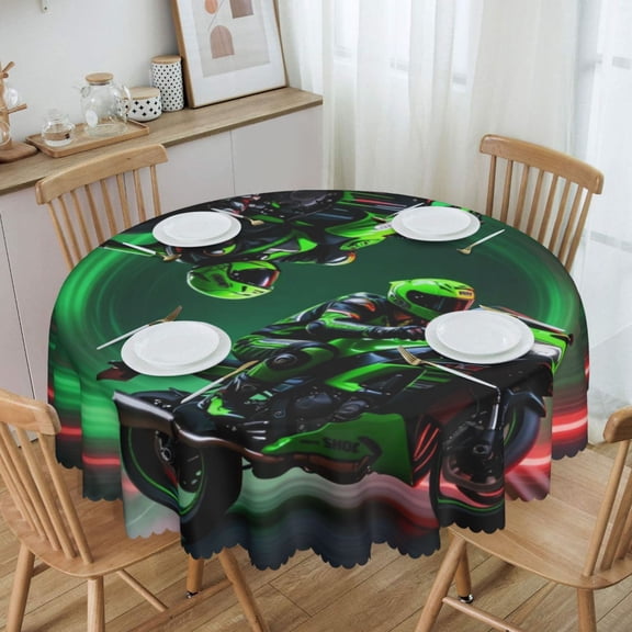 Motorcycle Neon Light Trail Round Tablecloth Waterproof Oil-Proof Plastic Table Cloth Stain-Resistant Wipeable 60" for Camping, Dining, Indoor and Outdoor