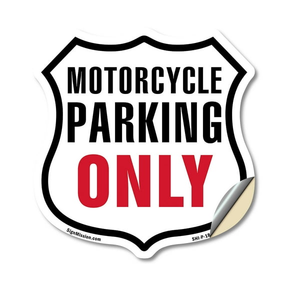 Motorcycle Parking Only (2 Pack) 4 inch X 4 inch Shield Shaped Heavy Duty 3.2 mil Vinyl Decals Weather Resistant Made in the USA