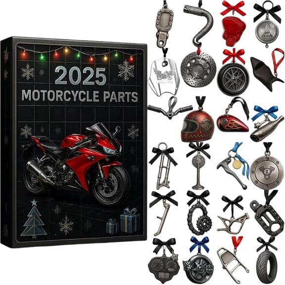 Motorcycle Parts Advent Calendars 2025, 24 Days Christmas Countdown Calendar with Miniature Motorcycle Parts & Tools, 2D Acrylic Christmas Tree Hanging Pendants, for Motor Enthusiasts