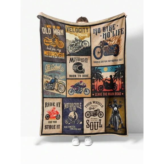 Motorcycle Pattern Flannel Blanket, Soft Polyester Knitted Throw for Bed, Sofa, Travel, Picnic, Machine Washable, Gift for Home & Motorcycle Enthusiasts