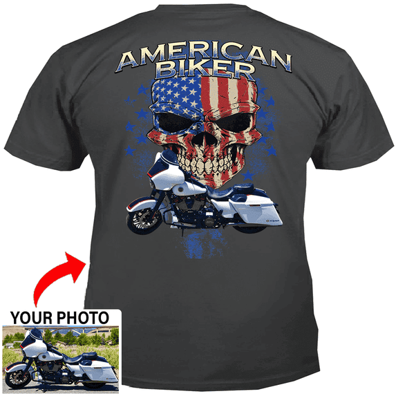 Motorcycle Personalized T-shirt, Biker custom photo t-shirt, funny t-shirt gift for bikers Print on the back, American Biker T-shirt (BK171-Biker)