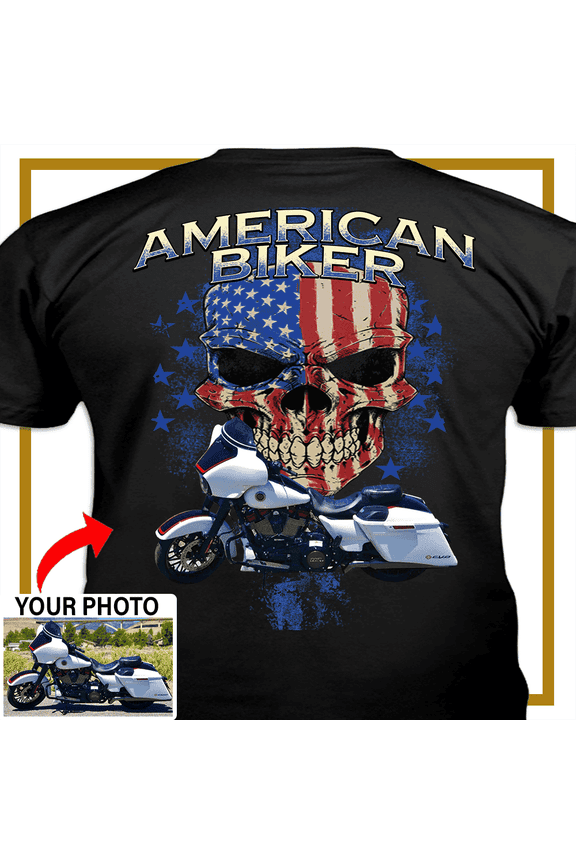Motorcycle Personalized T-shirt, Biker custom photo t-shirt, funny t-shirt gift for bikers Print on the back, American Biker T-shirt (BK171-Biker)