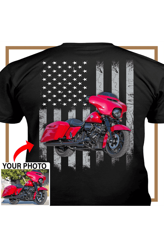 Motorcycle Personalized T-shirt, Biker custom photo t-shirt, funny t-shirt gift for bikers Print on the back, American flag motorcycle t-shirt (bk05)