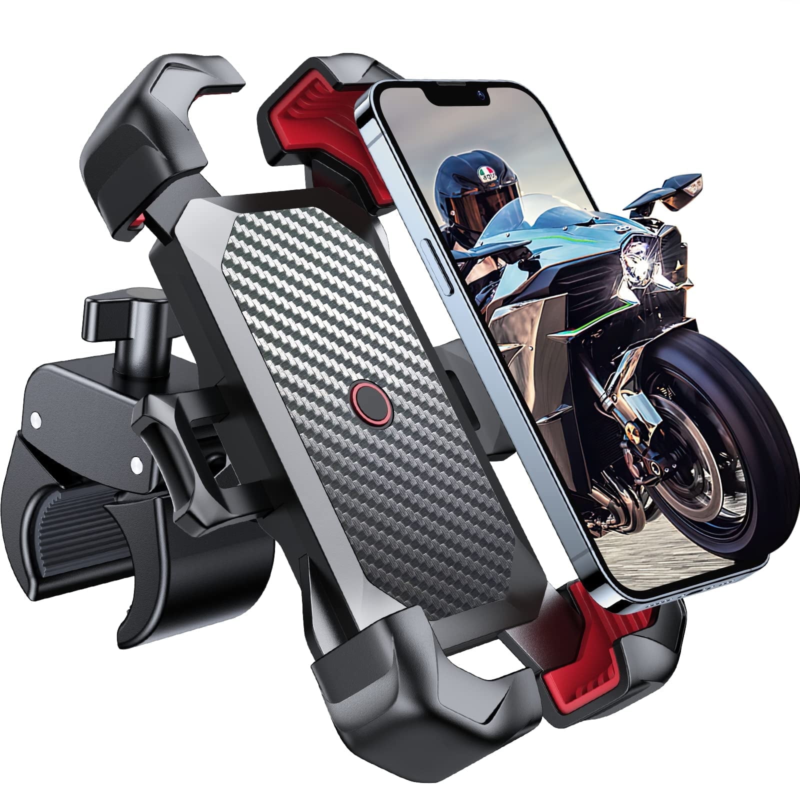 Motorcycle Phone Mount, 1s Auto Lock, 100mph Military Anti-Shake, Bike Phone Holder for Bicycle, 10s Quick Install, Handlebar Phone Mount, Compatible with iPhone, Samsung, Black Red