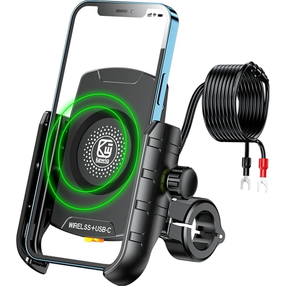 Motorcycle Phone Mount Holder with Wireless & USB-C Charger | Qi 15W PD 20W, Waterproof Cellphone Cradle Aluminum Alloy Handlebar Mounting Base for 4'' - 8'' Smartphones