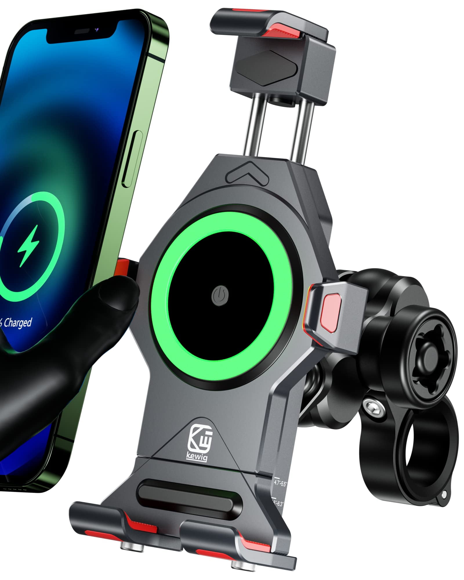 Motorcycle Phone Mount with Qi 15W Wireless Charger & Vibration Dampener, Anti-Theft, Anti-Shake, Adjustable, Aluminum Alloy Motorcycle Handlebar Cellphone Holder for 4.7''-7.2'' Smartphones
