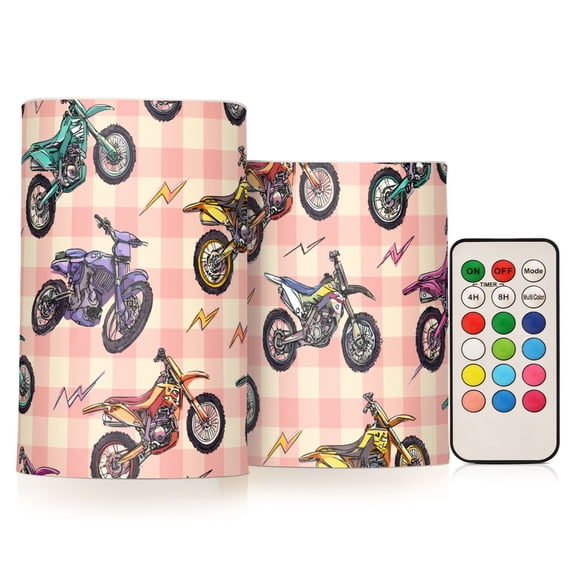 Motorcycle Pink White Plaid Flickering Flameless Candles Battery Operated with Remote Timer LED Pillar Candles Set of 2