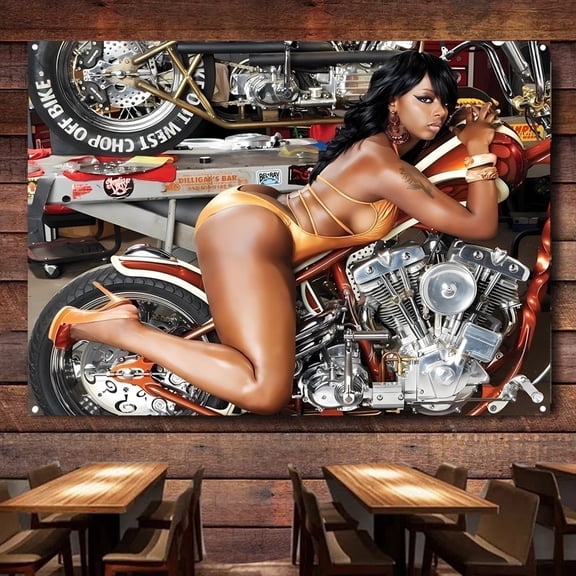Motorcycle Poster for Garage Room Office Man Cave Home Wall Decor with Nice Tattoo Hottie Girl Biker Design Tapestry Canvas Print Art Painting,38X57 inches