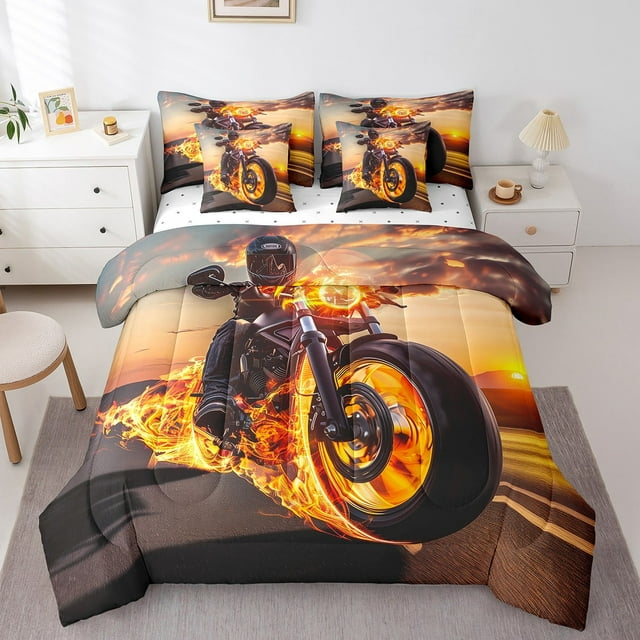 Motorcycle Queen Comforter Set,7 Pieces Flame Motocross Extreme Sport Comforters Queen Bed in a Bag for Bedroom,Dirt Bike Bedding Comforter Sets with Comforter,Sheets,Shams & Pillowcases