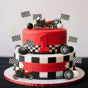 Motorcycle Race Cake Decor Set - 3D Soft Rubber Motorbike & Checkered Flags for Themed Parties