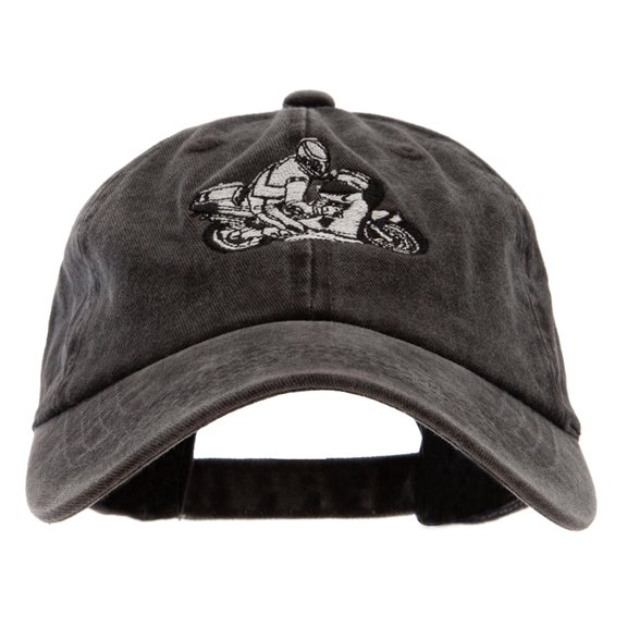 Motorcycle Race Embroidered Washed Solid Pigment Dyed Cotton Twill Brass Buckle Cap - Black OSFM