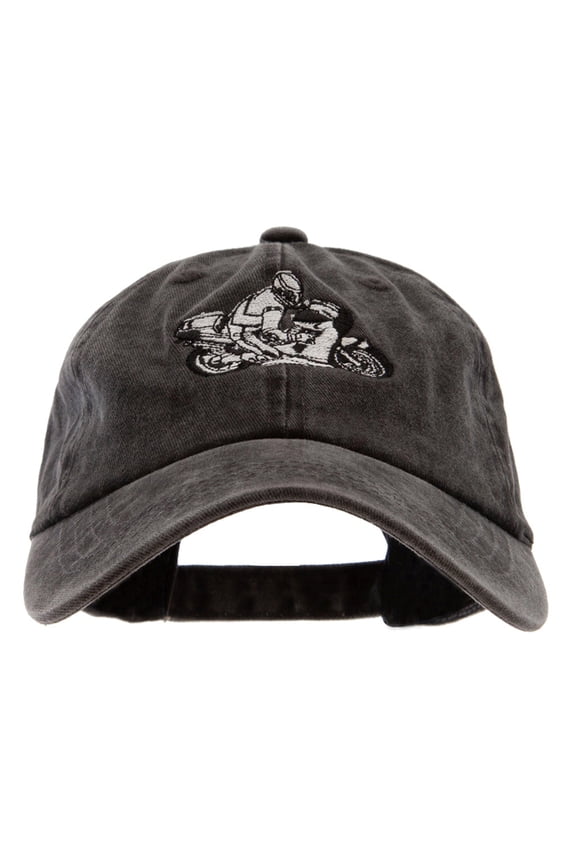 Motorcycle Race Embroidered Washed Solid Pigment Dyed Cotton Twill Brass Buckle Cap - Black OSFM