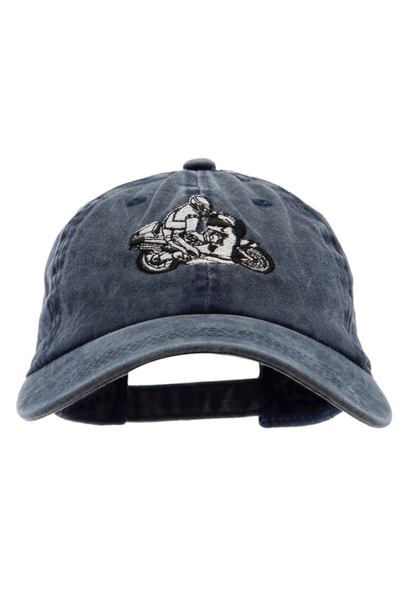 Motorcycle Race Embroidered Washed Solid Pigment Dyed Cotton Twill Brass Buckle Cap - Navy OSFM