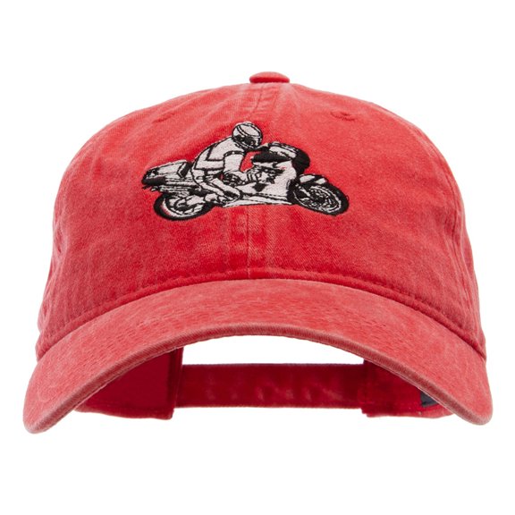 Motorcycle Race Embroidered Washed Solid Pigment Dyed Cotton Twill Brass Buckle Cap - Red OSFM