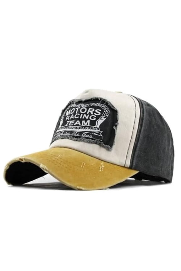 Motorcycle Racing Hat, Retro Vintage Style, Adjustable Strap Distressed Cotton Baseball Cap Trucker Hiking Hat (Cotton, Yellow Black)