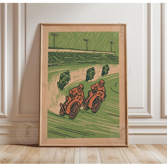 Motorcycle Racing Poster, Wet Track Night Print, Speed Action Wall Art, Sport Bike, Poster Only