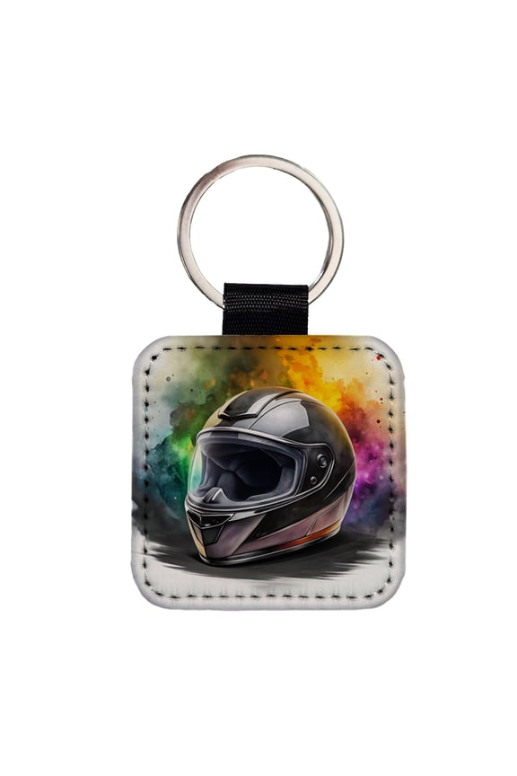 Motorcycle Racing Riding Helmet Watercolor Faux Leather Square Keychain