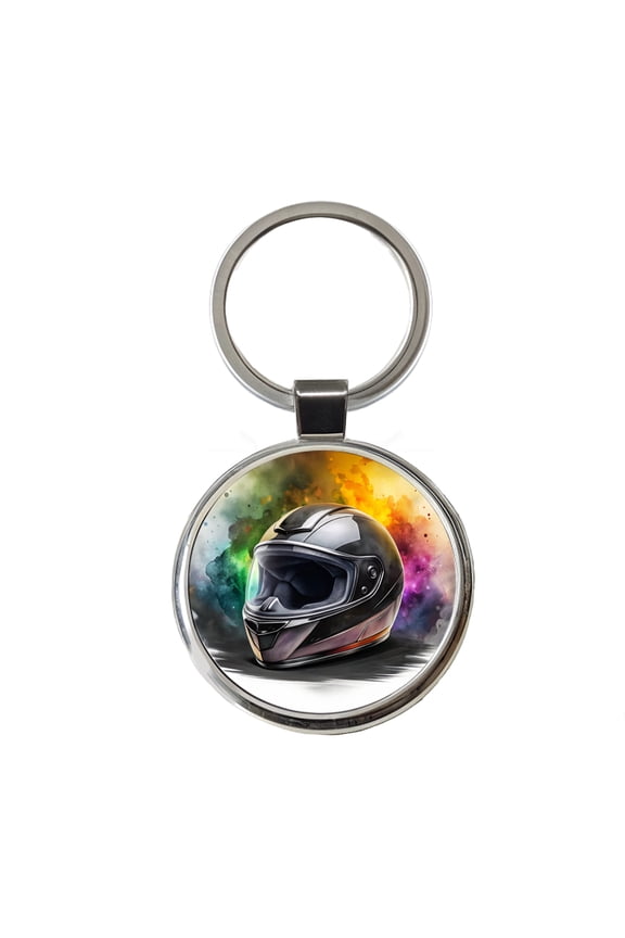 Motorcycle Racing Riding Helmet Watercolor Metal Round Keychain