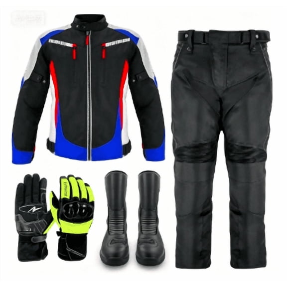 Motorcycle Racing Suit, Riding Jacket & Pants with Protective Gloves & Boots