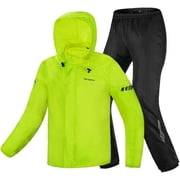 Motorcycle Rain Suit,Waterproof Hi Vision Reflective Bicycle Rain Coat with Adjustable Hood Fluo, Large