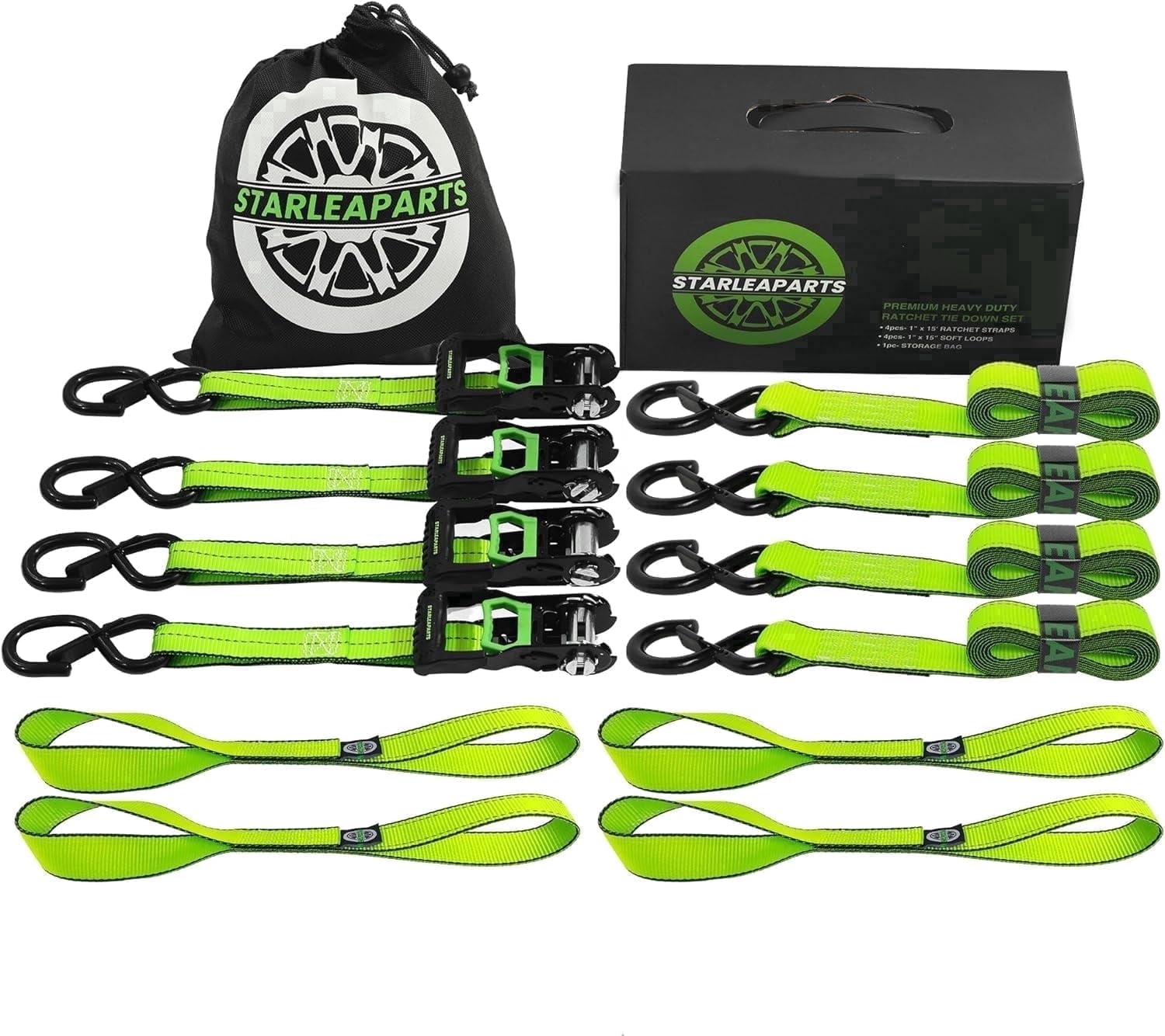 STARLEAPARTS Heavy Duty Automatic Ratchet Motorcycle Tie Down Straps (4 Pack, Green, 15ft) - 2100lb Break Strength, Auto-Ratcheting Type, Soft Loop Tie-Downs for Cargo, Trucks & Appliances