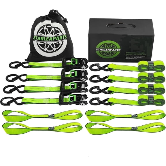 STARLEAPARTS Heavy Duty Automatic Ratchet Motorcycle Tie Down Straps (4 Pack, Green, 15ft) - 2100lb Break Strength, Auto-Ratcheting Type, Soft Loop Tie-Downs for Cargo, Trucks & Appliances