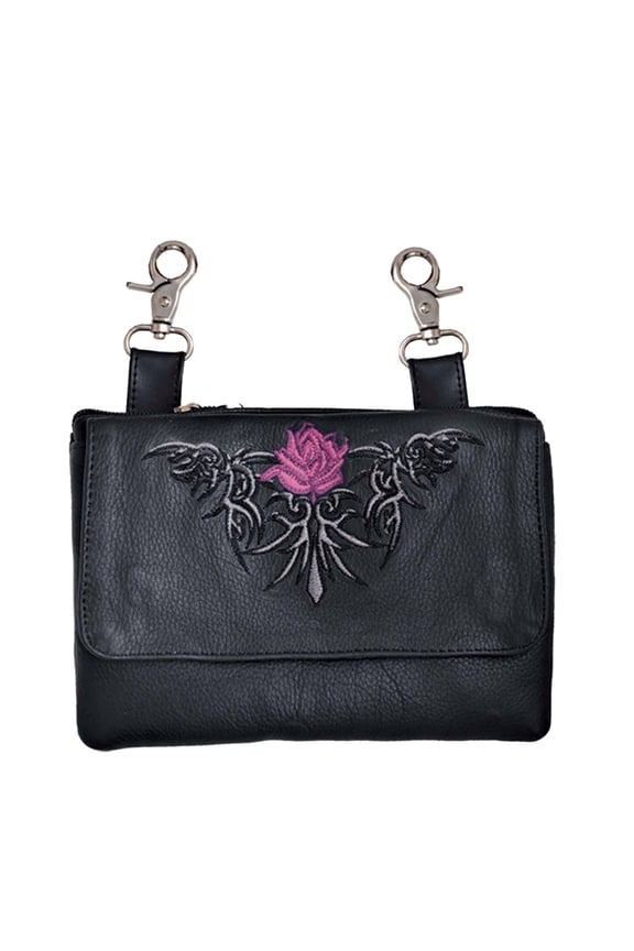 Motorcycle Rider Leather Clip On Purse Belt Bag, Pink Tribal Rose Embroidered