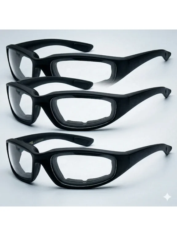 Motorcycle Riding Biker Glasses Padded Foam Wind Resistant Clear Sunglasses 3 pair black with clear lens