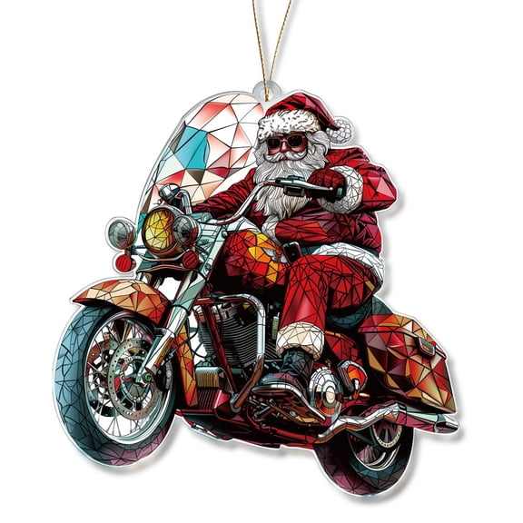 Motorcycle Riding Santa Claus Acrylic Christmas Ornament Stained Glass Stlye 4 Inch Holiday Xmas Hanging Tree Decoration