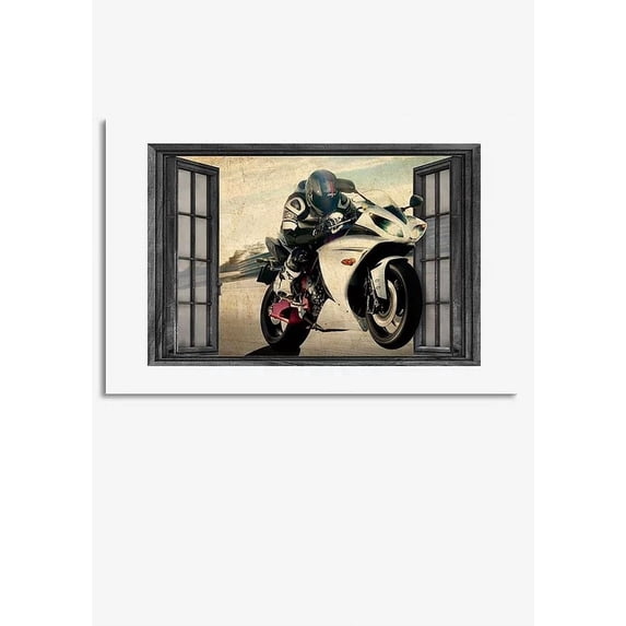 Motorcycle Riding Through Window For Garage Decor Motobike Retro Print ...