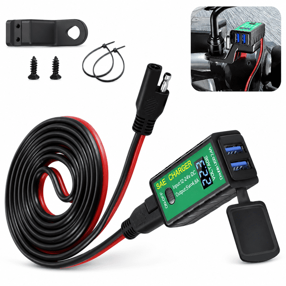 Motorcycle SAE to Dual USB Charger Adapter 12V 24V 5V 2.4A USB Ports with LED Voltmeter On Off Switch Waterproof Handlebar Mount For ATV UTV Motorcycle GPS Phone