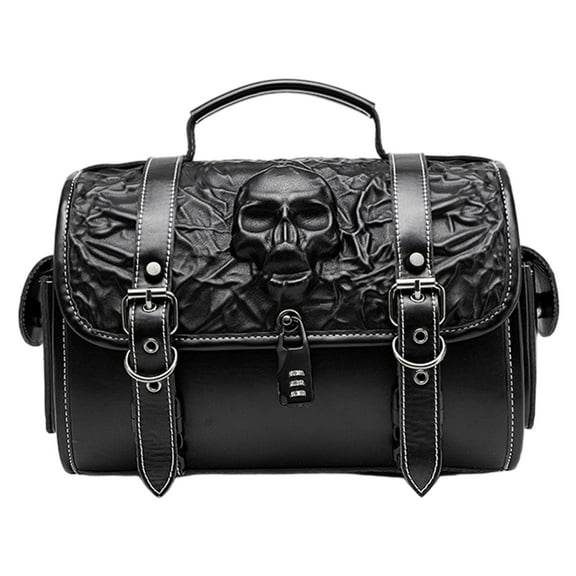 Motorcycle Saddlebag with Skull Detailing Small Size Tool Storage PU Leather Construction for Bikers & Road Trips