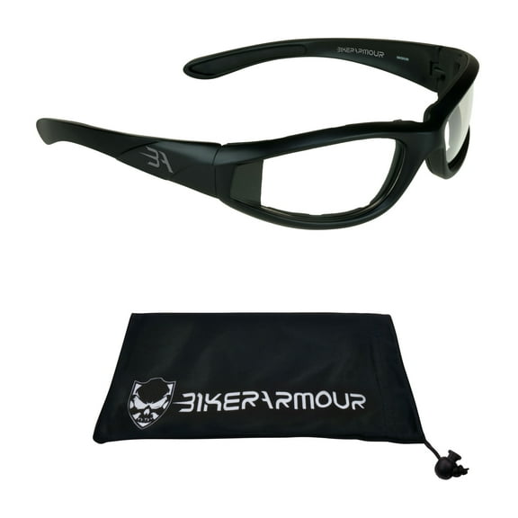 Motorcycle Safety Glasses Padded for Men and Women. Wrap around Wind and Dust Resistant Frame.