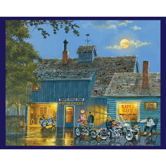 Motorcycle Sam's Place Panel Cotton Fabric