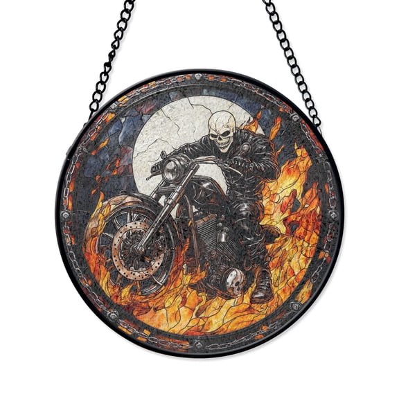 Motorcycle Skull Stained Glass Suncatcher, Fiery Flames Window Decor, Gothic Biker Gift