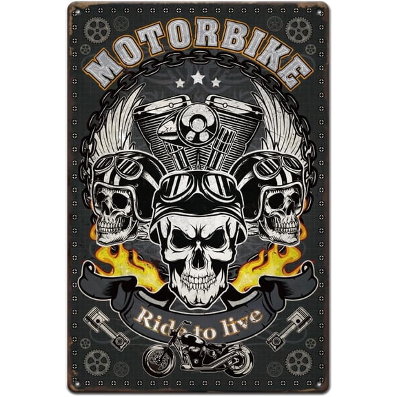 Motorcycle Skulls Tin Signs Motorcycle Engine Metal Tin Sign Ride Signs Funny Sign and Plaques Metal Wall Art for Boy's Room Playroom Bars Pub Man Cave Wall Decor Vintage Gifts