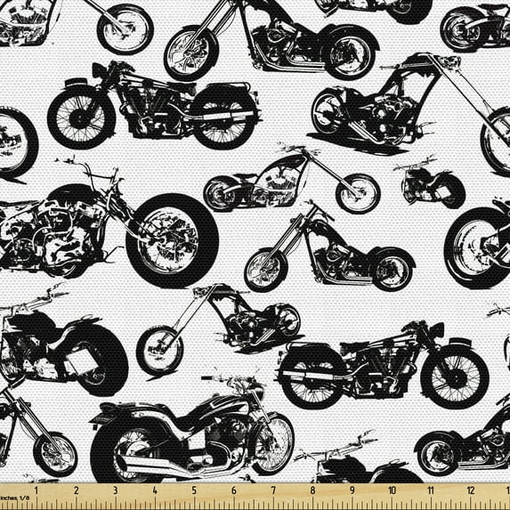 Ambesonne Motorcycle Fabric by the Yard Upholstery, Retro Chopper Design, 5 Yards, Black White
