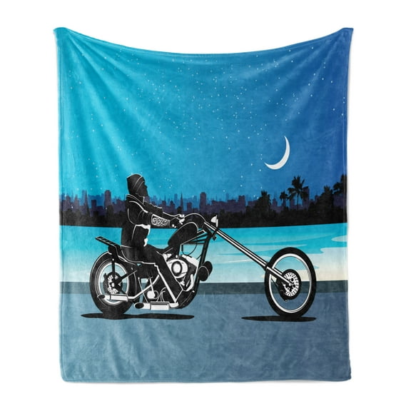 Motorcycle Soft Flannel Fleece Blanket, Art with Chopper Motorcycle Biker Riding Starry Night Sky Cityscape Silhouette, Cozy Plush for Indoor and Outdoor Use, 50" x 70", Black Navy, by Ambesonne