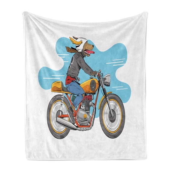 Motorcycle Soft Flannel Fleece Blanket, Cartoon Style Funny Dog Riding Classic Bike with Jacket Hand Drawn Illustration, Cozy Plush for Indoor and Outdoor Use, 60" x 80", Multicolor, by Ambesonne