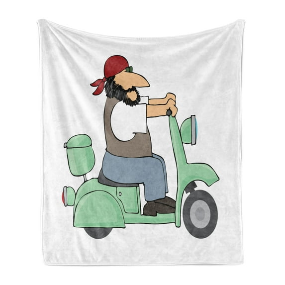 Motorcycle Soft Flannel Fleece Blanket, Cartoonish Side Image of a Bearded Man and Head Wear Riding Vehicle Illustration, Cozy Plush for Indoor and Outdoor Use, 50" x 70", Multicolor, by Ambesonne