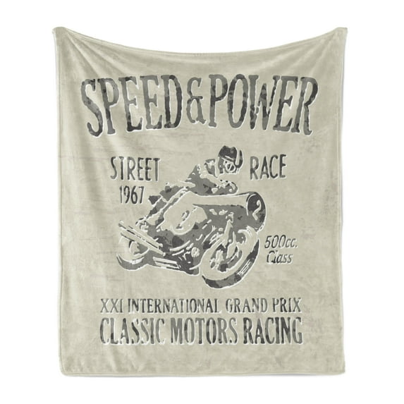 Motorcycle Soft Flannel Fleece Blanket, Classic Motorbike with Vintage Design Inspirations Speed and Power Lettering, Cozy Plush for Indoor and Outdoor Use, 50" x 70", Eggshell Taupe, by Ambesonne