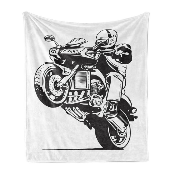 Motorcycle Soft Flannel Fleece Blanket, Cool and Talented Rider Wheelie Doing Stunt Urban Extreme Performances, Cozy Plush for Indoor and Outdoor Use, 50" x 60", Charcoal Grey White, by Ambesonne