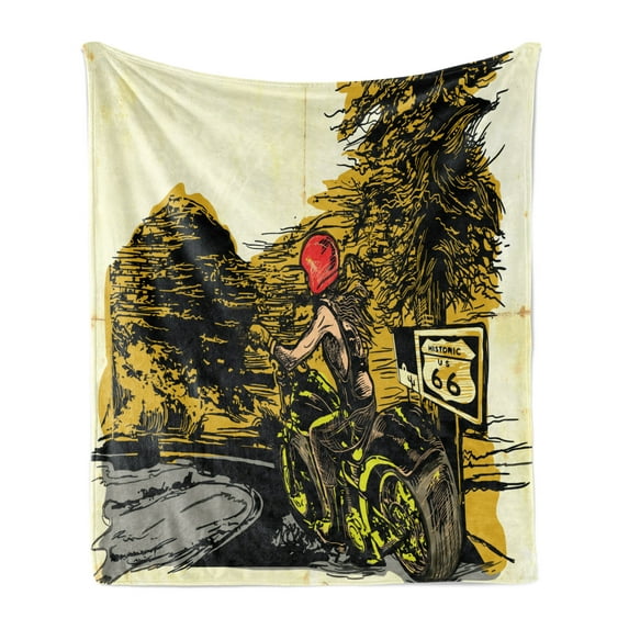Motorcycle Soft Flannel Fleece Blanket, Girl on a Chopper Freehand Drawing of Historic Route 66 Sketch Style Countryside, Cozy Plush for Indoor and Outdoor Use, 50" x 70", Multicolor, by Ambesonne