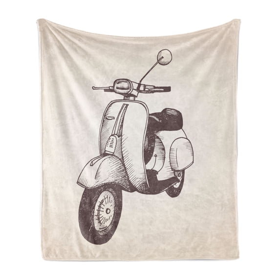 Motorcycle Soft Flannel Fleece Blanket, Hand Drawn Scooter with Ombre Effect Nostalgic Transportation Illustration, Cozy Plush for Indoor and Outdoor Use, 50" x 70", Pale Peach Taupe, by Ambesonne