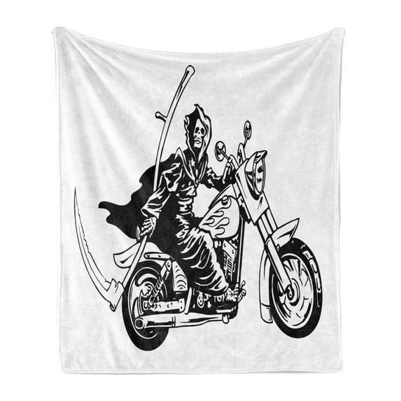Motorcycle Soft Flannel Fleece Blanket, Monochrome Extreme Scary Rider Spreading Wild and Death Related Scene, Cozy Plush for Indoor and Outdoor Use, 50" x 60", Charcoal Grey White, by Ambesonne