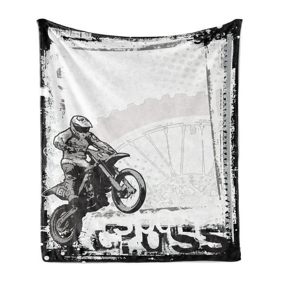 Motorcycle Soft Flannel Fleece Blanket, Motocross Racer Image Grungy Background Poster Style Monochromic Artwork Print, Cozy Plush for Indoor and Outdoor Use, 70" x 90", Black White, by Ambesonne