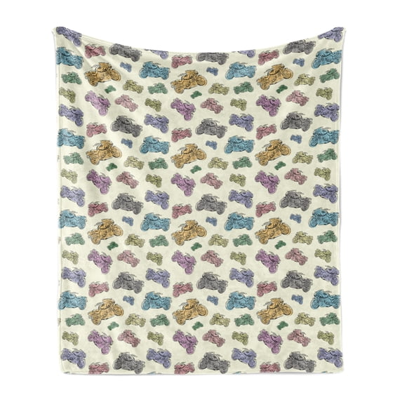 Motorcycle Soft Flannel Fleece Blanket, Pastel Color Racing Motorcycle Sketching Display Cartoon Style Large and Small, Cozy Plush for Indoor and Outdoor Use, 50" x 70", Multicolor, by Ambesonne