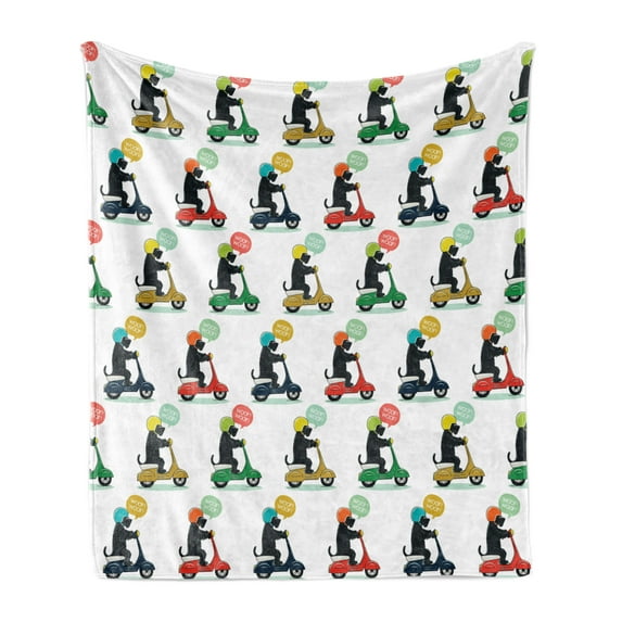 Motorcycle Soft Flannel Fleece Blanket, Scottish Terrier Riding Colorful Scooters with Woof Speech Bubble Illustration, Cozy Plush for Indoor and Outdoor Use, 50" x 70", Multicolor, by Ambesonne